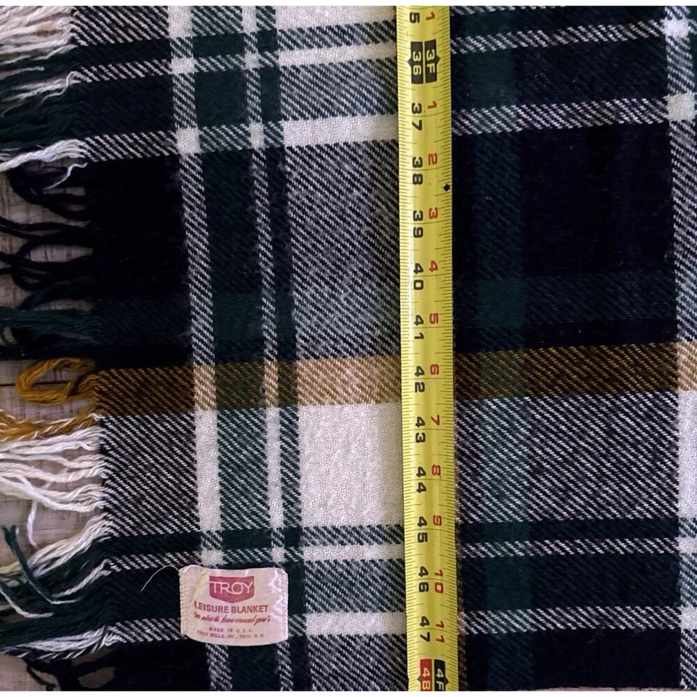 Vtg Troy Wool Leisure Blanket Green Navy Plaid Stadium Throw Fringe 48x53 USA